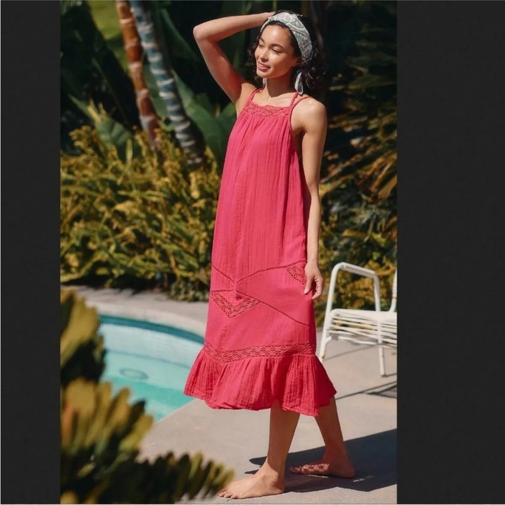 Anthropologie Hot Pink Crochet Trim Gauzy Cotton Midi Dress Size XL Petites